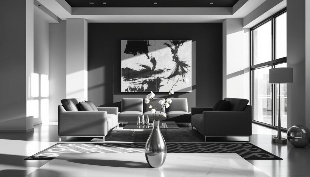 black and white interior design with art and decorative pieces